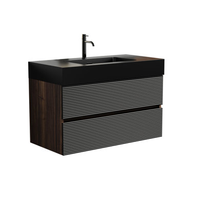 Meuble-lavabo Mid-Century moderne noir et noyer, commode double avec tiroirs décoratifs en noyer, fixation murale chic