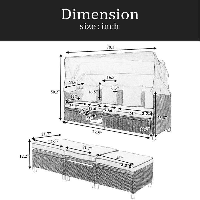 Ensemble 4 pièces de canapé de patio en résine tressée résistant aux rayons UV avec auvent rétractable, coussins et table élévatrice
