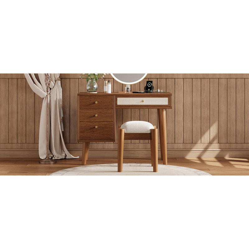Ensemble de coiffeuse en bois de style bohémien 39 "avec prise de charge, port USB et tabouret, coiffeuse avec 3 tiroirs de rangement et 1 tiroir rectangulaire en rotin