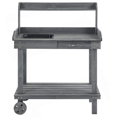 Outsunny 36'' Wooden Potting Bench Work Table with 2 Removable Wheels, Sink, Drawer & Large Storage Spaces