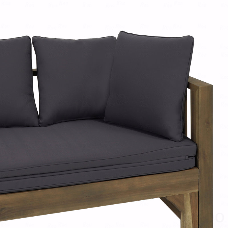 Daybed Sofa Chair, Outdoor Extendable Acacia Wood 3-Seater Sofa, Upholstered Cushion Couch,, Spacious Seating Lounge Chair