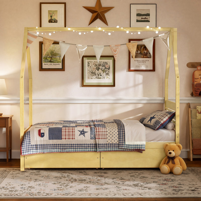 Cadre de lit simple pour enfant, lit Montessori House avec tiroirs de rangement, lit plateforme en bois avec tête de lit, aucun sommier nécessaire, naturel
