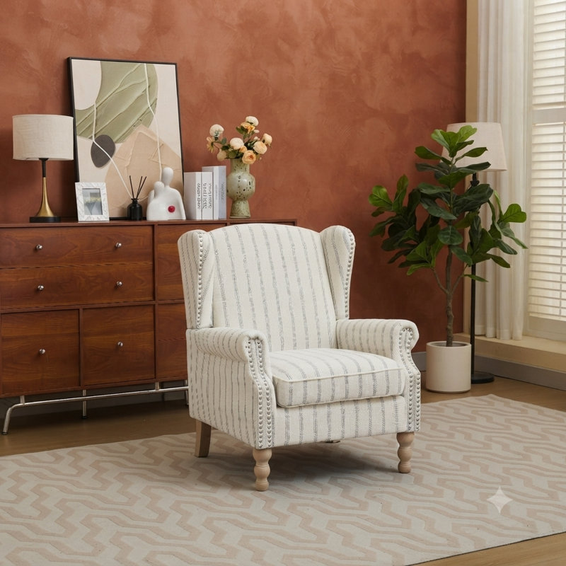 Fauteuil à oreilles moderne à rayures avec pieds en bois massif de style romain et coussin éponge haute densité pour le salon et la chambre à coucher
