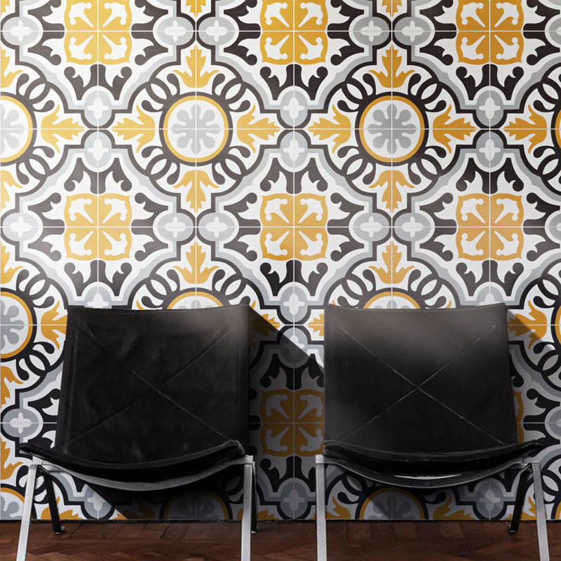 Baha 8" x 8" Cement/Marble Mosaic Wall & Floor Tile, Orange/Black/Gray