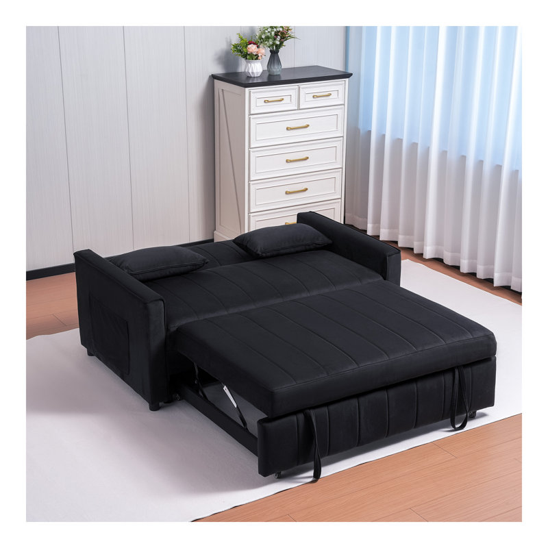 Canapé-lit, canapé-lit escamotable en velours 3 en 1 avec accoudoirs, poches de rangement et 2 coussins, dossier réglable, canapé-lit pour le salon, chambre à coucher (noir)