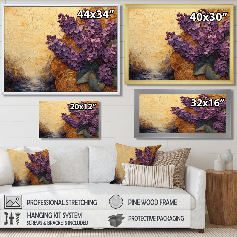 Gildea Lilacs Flowers Into A Wooden Slide Pattern II - Lilas, art mural, H 30 po x l 40 po, Noir
