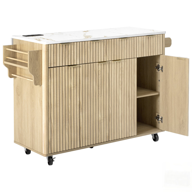Fluted Kitchen Island With Storage, Drop Leaf, Power Outlet, And Faux Marble Top, Ideal For Modern Kitchens And Dining Rooms.