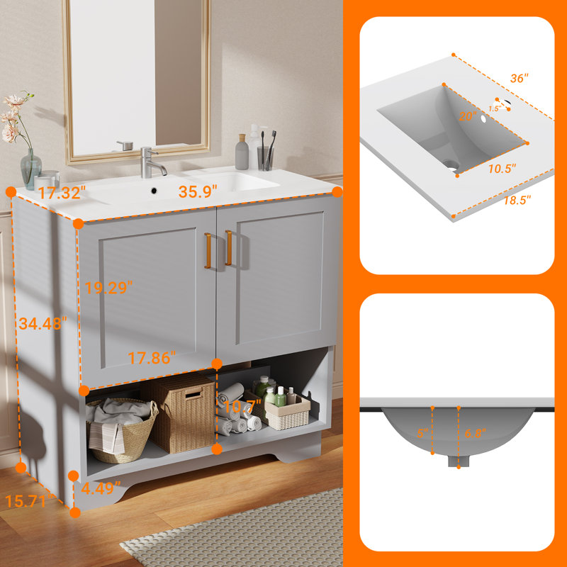 Meuble-lavabo moderne 36 po avec lavabo en céramique - armoire autoportante 2 portes à fermeture douce et 1 tablette ouverte, gris