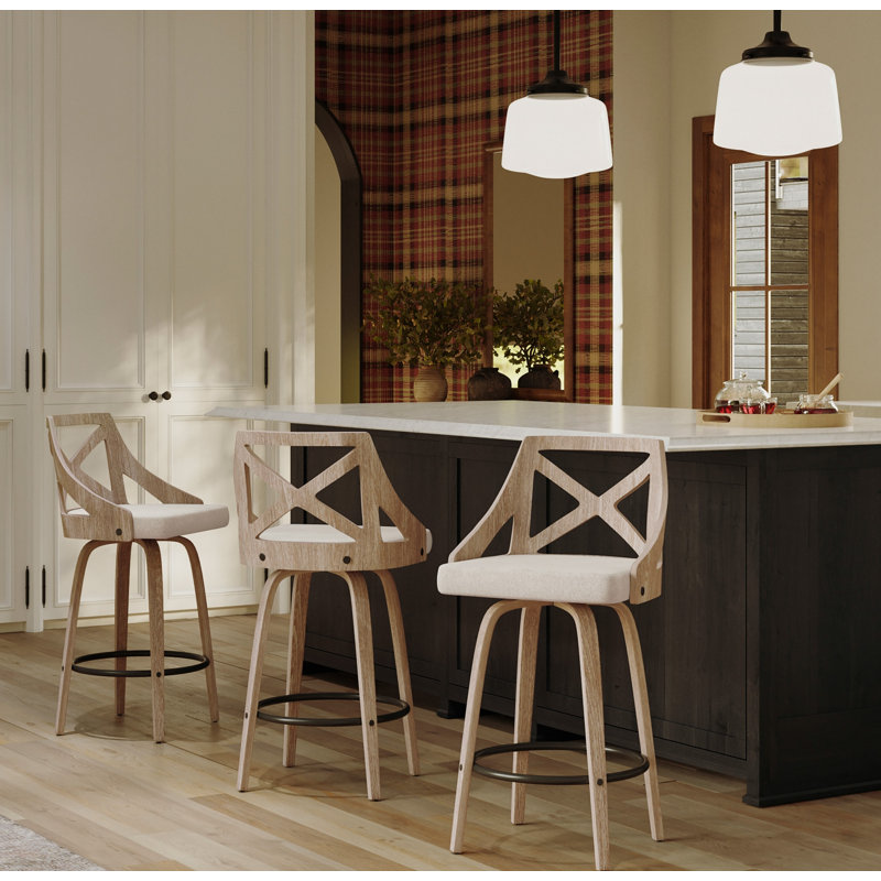 Dannie Swivel Upholstered Counter Stool, Cream, White Washed Wood