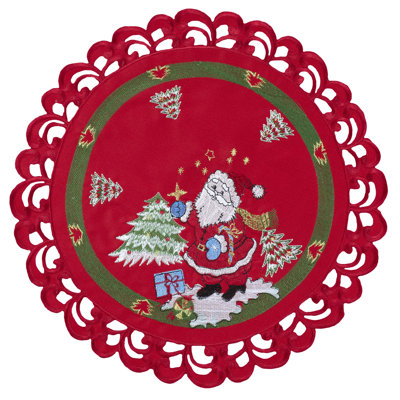 Joswick Santa Claus and Christmas Trees on Red Round Doily (16" Round)