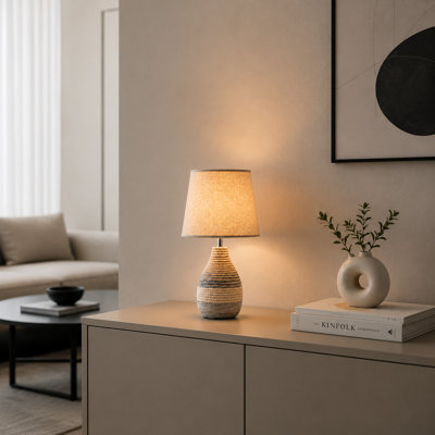 13.7" (H)Rechargeable Cordless Ceramic Table Lamp with Linen Shade, Remote, Timer, 3 Color Temperatures, RGB & Dimming