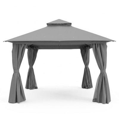 Yardgrace 12 ft. x 12 ft. Soft Top Patio Gazebo with 2-Tier Canopy, Mesh Netting & Privacy Curtains, Gray