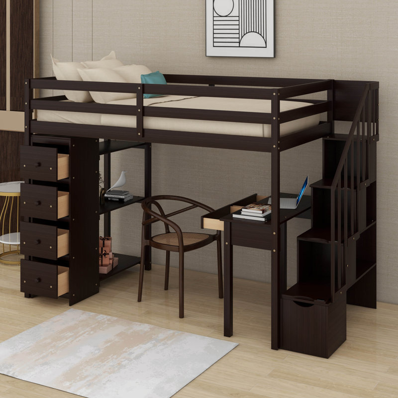 Twin Loft Bed With Drawers,Desk And Stairs, Espresso