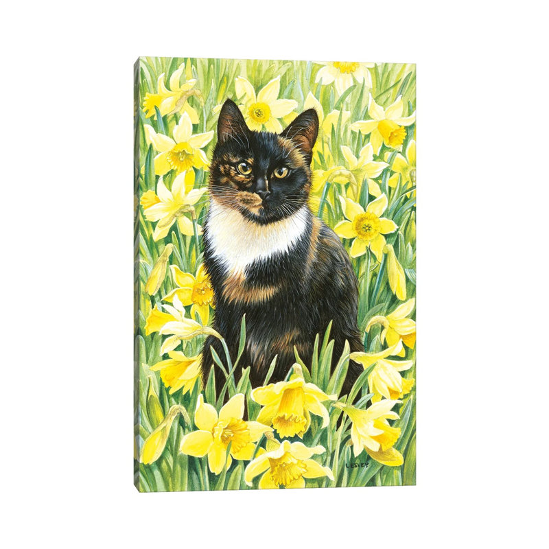 Motley In Wild Daffodils by Ivory Cats - Wrapped Canvas Print, 20.32 cm H x 30.48 cm W