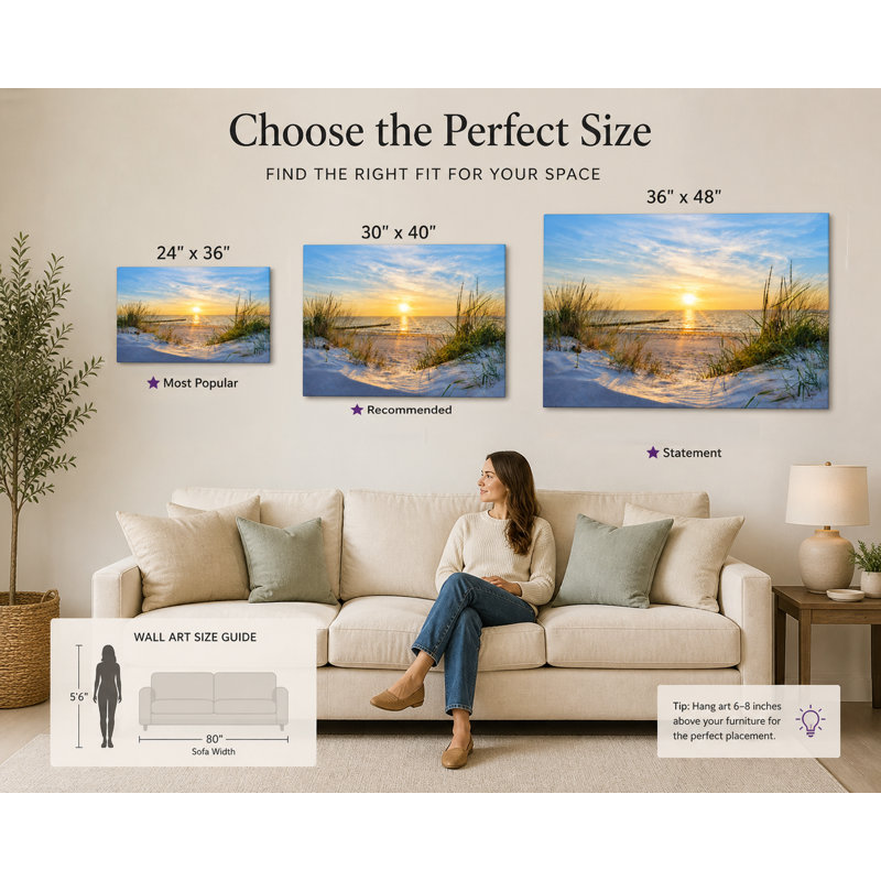 «Tranquil Sunrise Beach Path», art mural sur toile, H 24 po x l 36 po