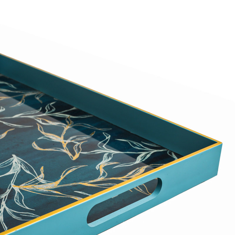 Adryanna 2 piece Glass Decoration Tray for Living Room Decor, Abstract Design Serving Tray, Blue