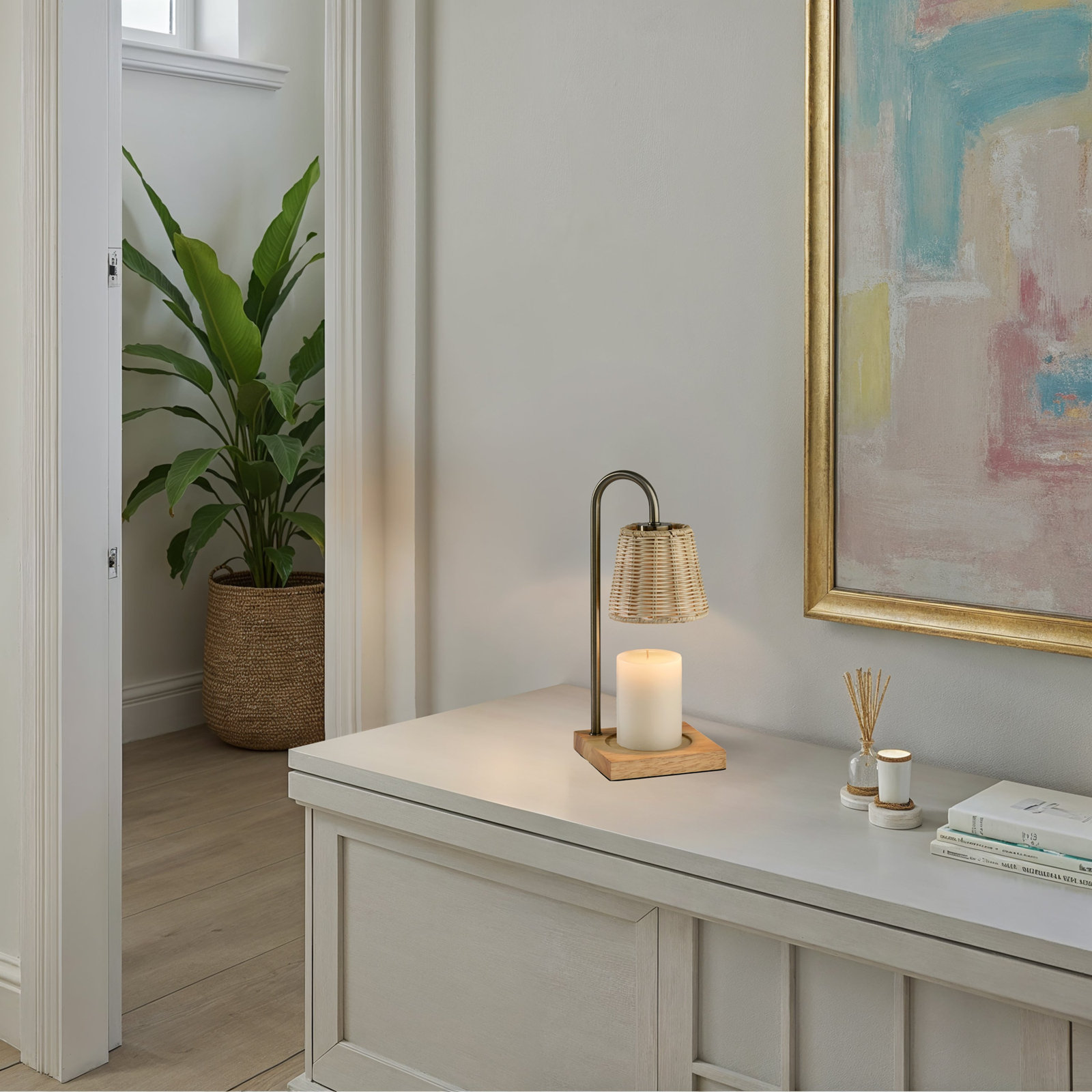 Ridgley Candlewarmer Lamp, Beige/Antique Brass