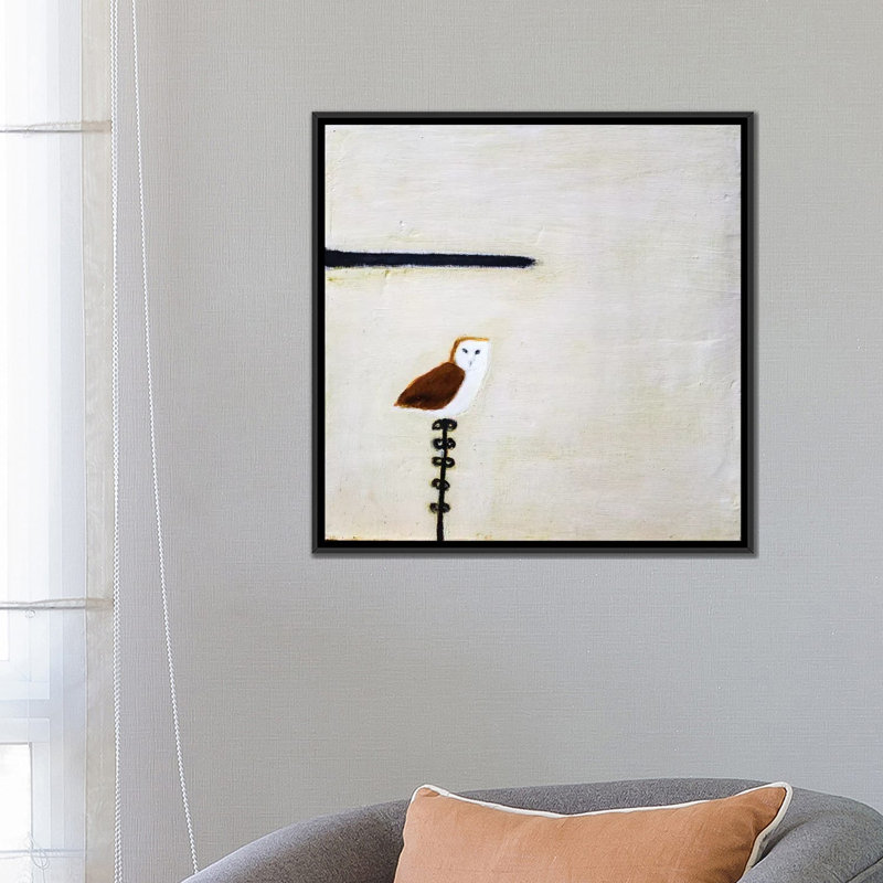 " Owl On A Post " by Andrew Squire, 18" H x 18" W x 1.5" D, Black Framed Canvas, No Mat