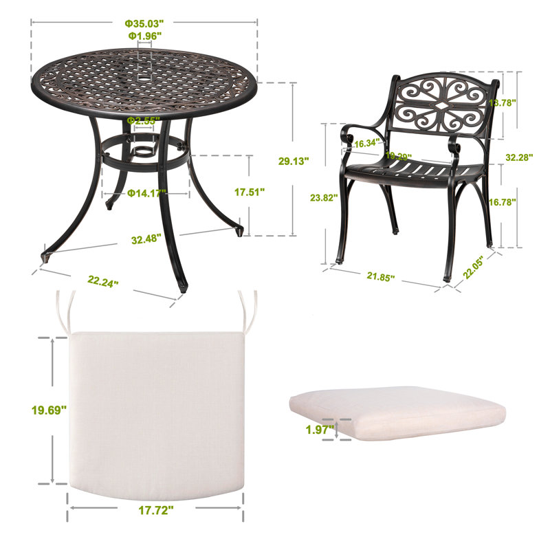 Outdoor 3-Piece Patio Set Cast Aluminum Bistro Table and Chairs of 2, with Umbrella Hole and Cushions for Patio, Balcony, Black with Gold-Painted Edge