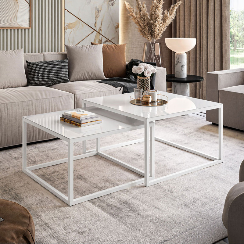 Whitinsville 2 Piece Coffee Table, White, 45cm H x 70cm W x 70cm D, White