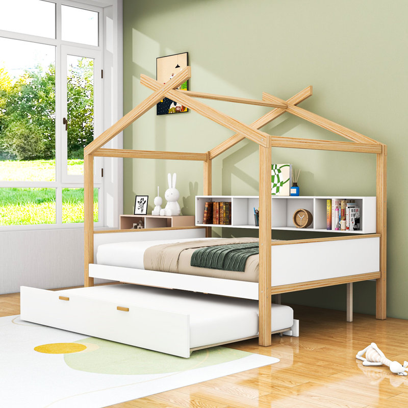 Wooden House-Shaped Bed With Pull-Out Twin Trundle And Built-In Shelves, Full