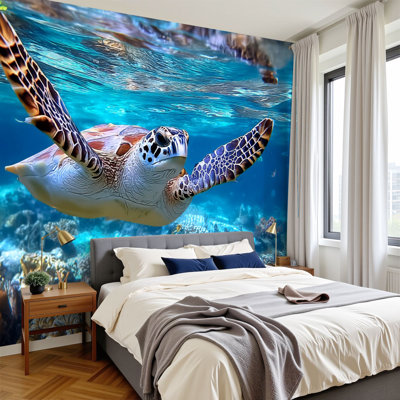 Papier peint adhésif auto-adhésif moderne l 96 po x H 69 po pour chambre à coucher Tortue de mer nage Corail Feefs