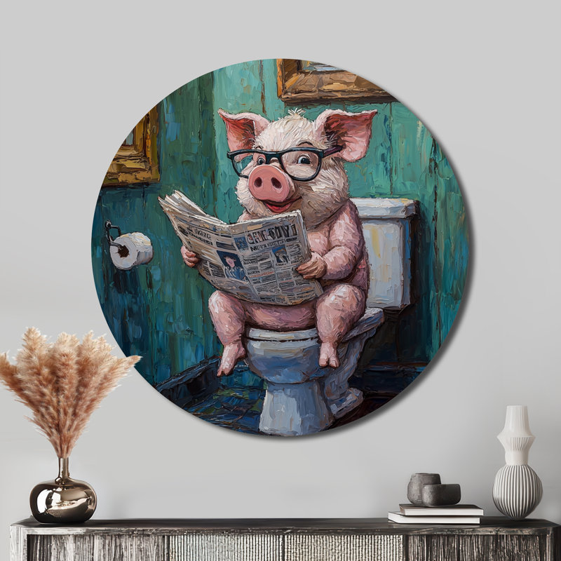 Toilette de cochon lisant le journal II - cochon rond, impression murale en métal rose moderne, H 23 po x l 23 po