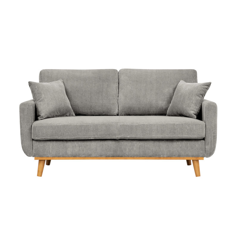 Mid - Century 2 Seater Gray Corduroy With Tapered Legs, Flared Arms And Two Pillows For Open Concept Corners Vertical Channel Matching Compact Living Rooms