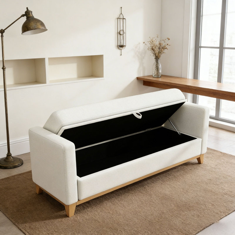Banc rembourré en bois massif, Beige + naturel, 66 po + rangement