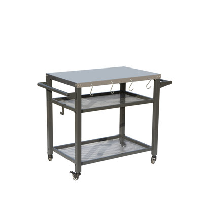 Table de four à pizza d'extérieur avec 3 tablettes, comptoir en acier inoxydable, cloison en filet pour garder propre et sec, crochets à outils supplémentaires, freins sur roues, chariot de cuisine bien pensé, rouille / eau, frein, pratique