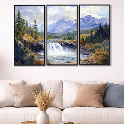Canadian Rockies Wall Art, Waterfall Mountain Canvas - Canadian Rockies With Waterfall View 3 Piece Framed Canvas Wall Art Set Traditional Nature Decor