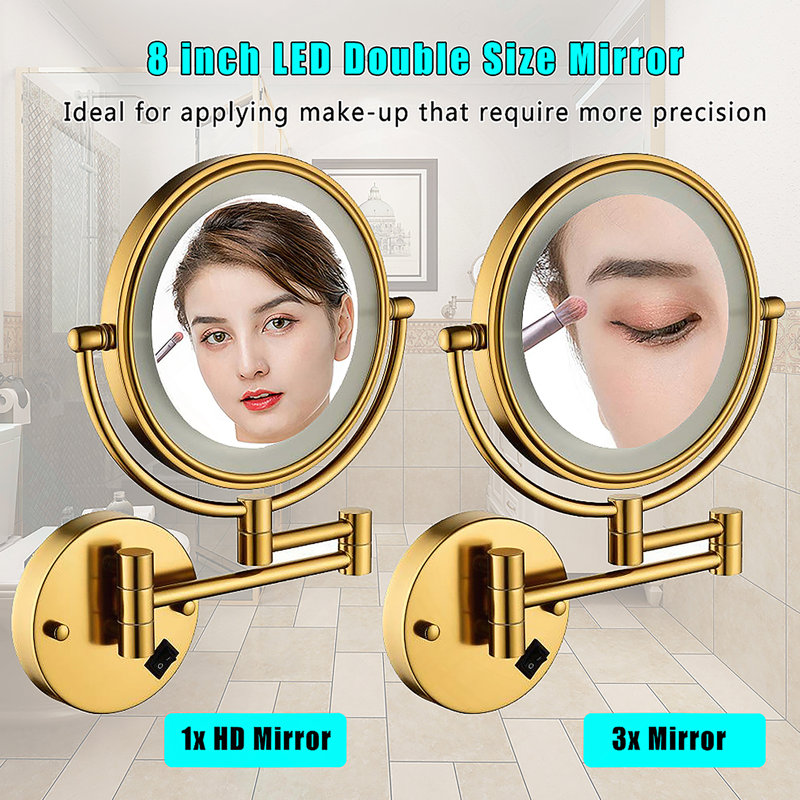 Miroir de maquillage mural grossissant à double face à DEL 8 pouces avec extension de 12 pouces à finition dorée Prise de grossissement 1 / 3X à 360 degrés