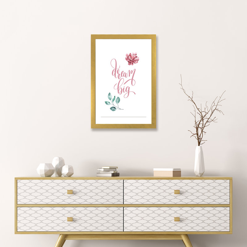 «Dream Big Pink Floral», reproduction d'art textuel, H 24 po x l 16 po x P 1 po, Papier encadré doré, Blanc