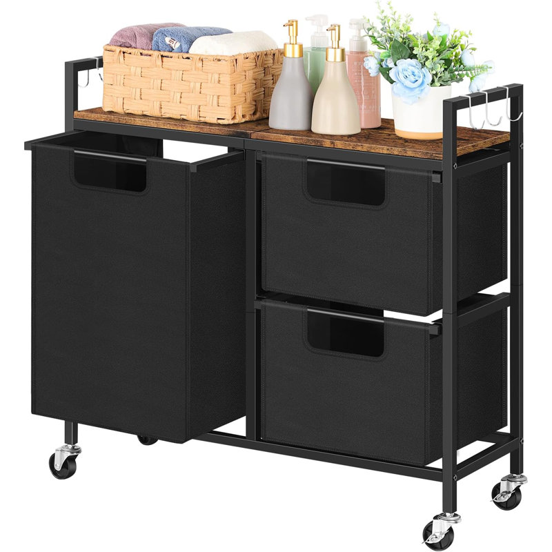 Trieur de linge roulant en métal avec poignées et, Noir / brun
