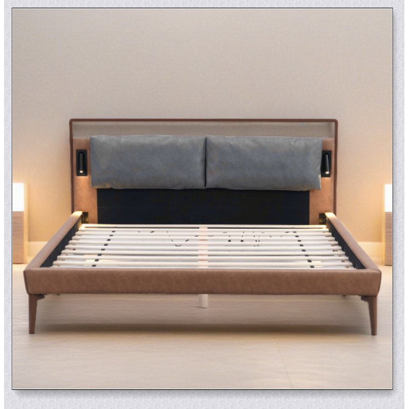 Brown&Gray Leather Bed With 2Pcs Night Lights, Full