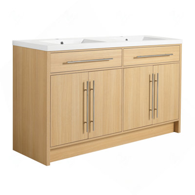 Meuble-lavabo autoportant 60 po avec lavabo en résine, porte à fermeture douce 60 po, chêne original, contreplaqué