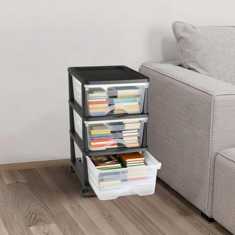 Chariot de rangement en plastique avec 3 tiroirs et roulettes, 3
