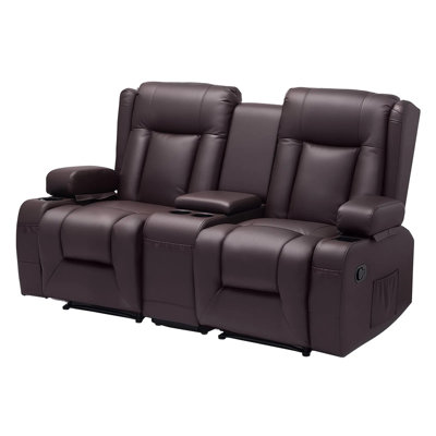 Loveseat Recliner Sofa, Manual Reclining Couch with Center Console, PU Faux Leather Recliner Sofa with USB Ports, Cup Holders and Storage Bags, Dual Loveseat Chair for Living Room/RV, Brown