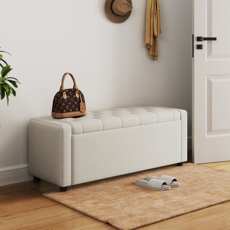 Velvet Upholstered Tufted Storage Bench, Mila Beige Velvet