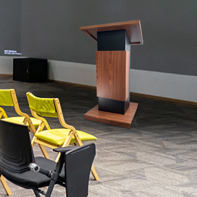 Modern  Wood Podium with Storage Shelf and Rolling Casters - Mobile Lectern Stand for Classrooms, Churches, Weddings, and Corporate Presentations