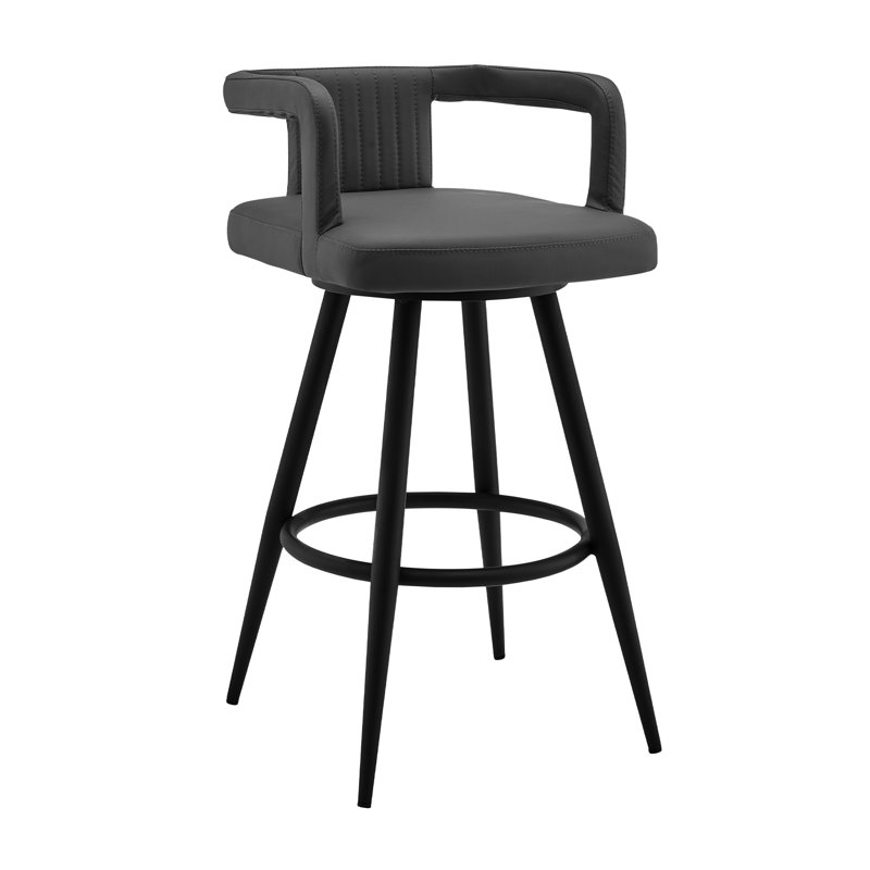 Tabouret de bar gris en similicuir de 30 po avec métal noir, fonction pivotante à 360 degrés, siège à dossier ouvert, coussins rembourrés de mousse, repose-pieds pour le soutien et la mobilité, style, structure stable remplie