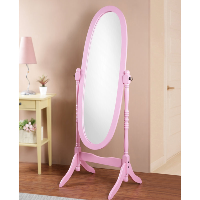 Miroir à finition rose avec support en bois - reflet du corps, fonction d'inclinaison, bois traditionnel élégant sur tout le corps autoportant, pieds courbés
