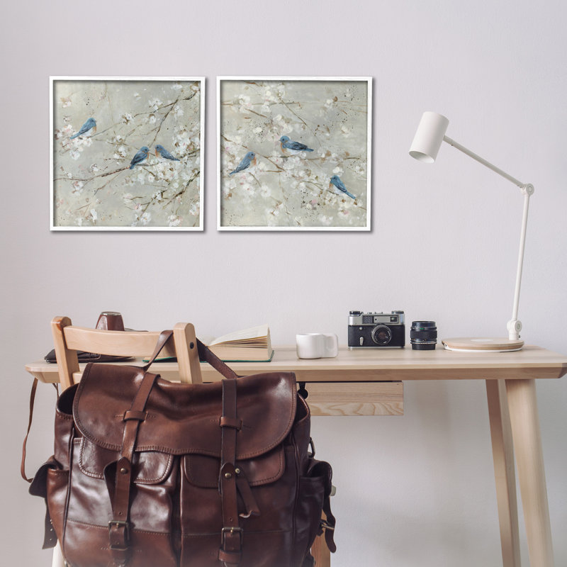 Oiseaux bleus perchés, arbre, fleurs, scène de printemps, Giclée encadrée blanc bord de mer, H 17 po x l 17 po
