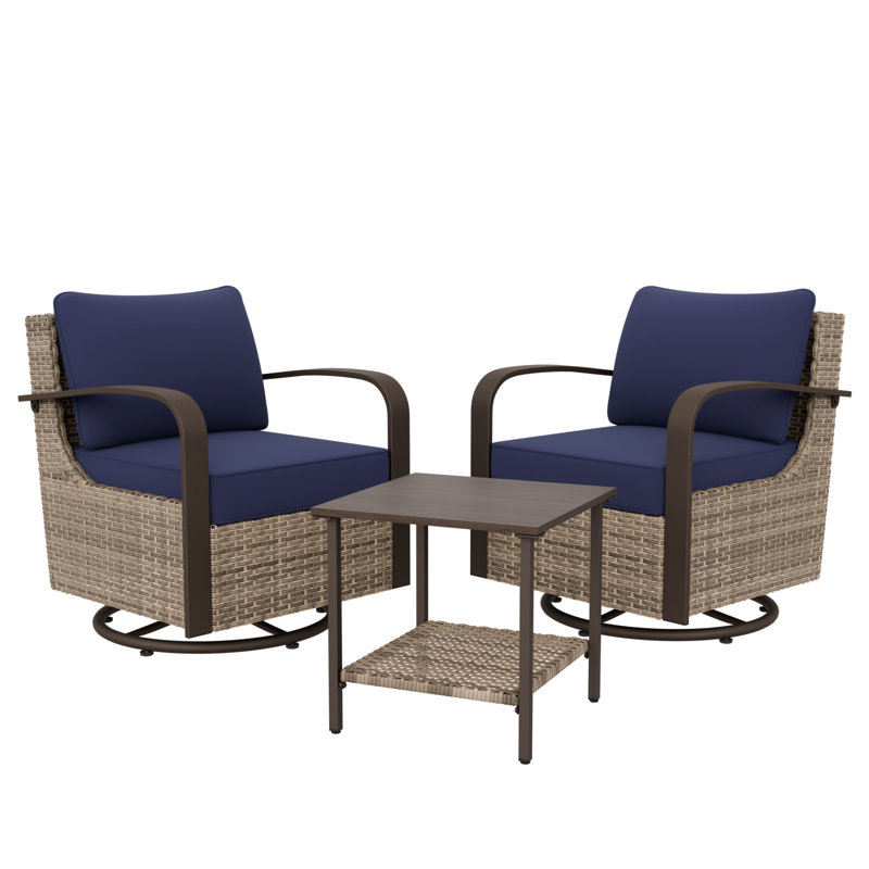 2 - Person Outdoor Wicker Swivel Rocker Chair Seating Group with Cushions, Blue