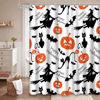 Halloween Orange October Black Shower Curtain with 12 Hooks