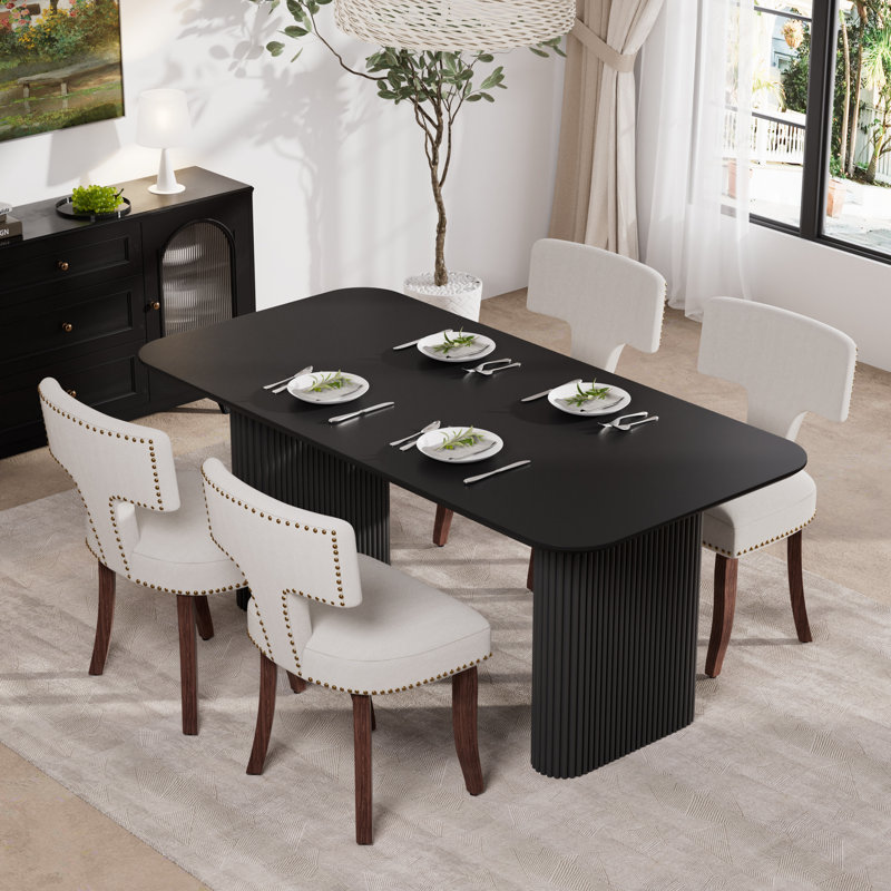 Ensemble de salle à manger rectangulaire en bois avec chaise rembourrée, Noir, 5, Beige
