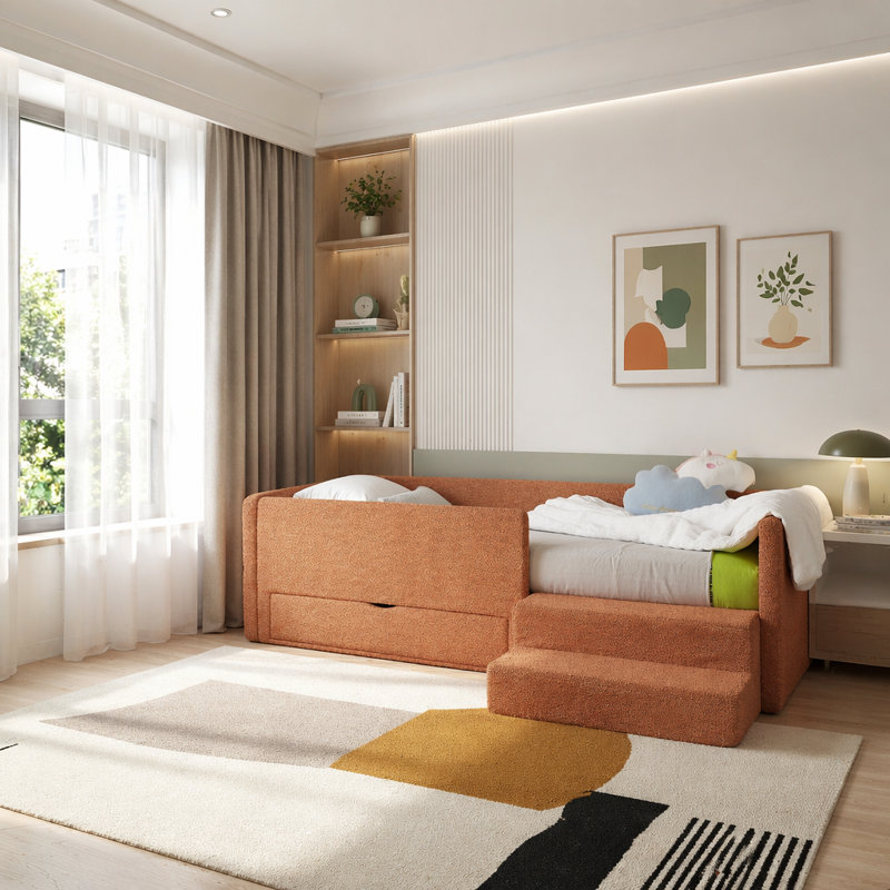 Lit multifonctionnel sécuritaire pour enfants avec garde-corps et rangement, lit avec escabeau sécuritaire, Orange