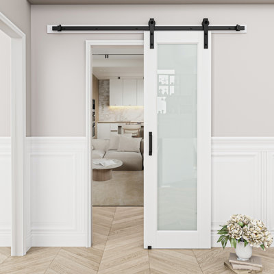 Frosted Glass and Manufactured Wood White Sliding Barn Door with Installation Hardware Kit(No Assembly Required)