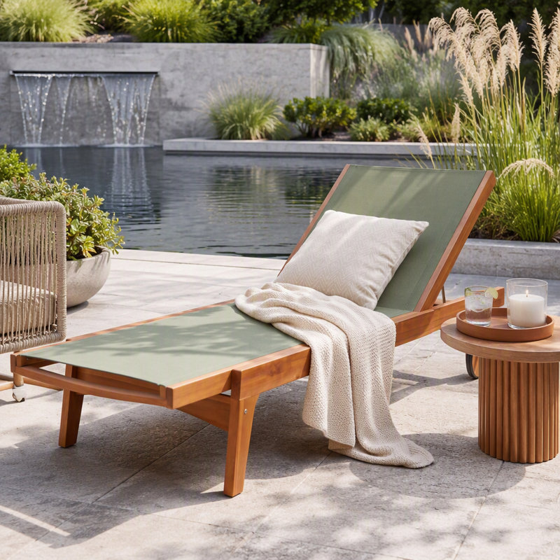 Chaise longue d'extérieur à structure en bois, Vert / Naturel