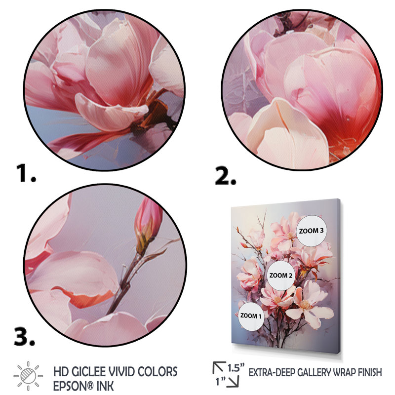 Impression romantique sur toile rose, blanc et magnolias II, Cadre photo argenté, H 20 po x l 12 po x P 1 po
